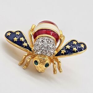 Joan Rivers Bee Brooch Stars & Stripes Patriotic Enamel Crystal Insect USA Pin